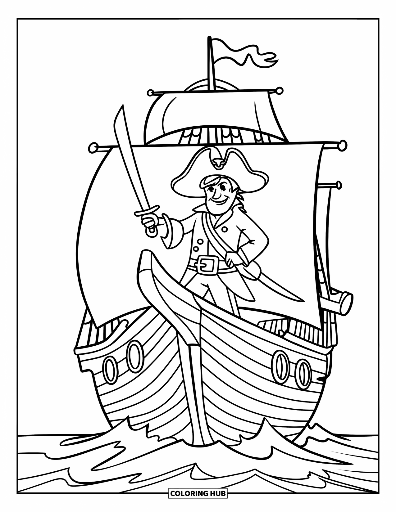 Pirate Coloring Page for Kids: A pirate holding a sword at the bow of a ship on the ocean