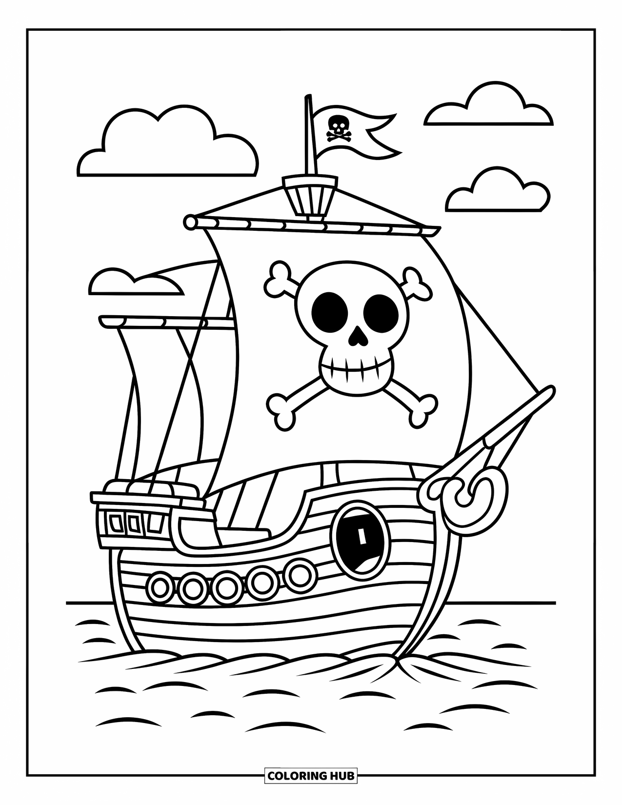 Pirate Coloring Page for Kids: A pirate ship with a skull flag and round windows sails on calm waters