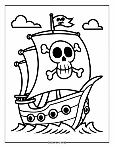 Dibujo para colorear de piratas para niños: Un barco pirata con una bandera de calavera y ventanas redondas sonríe bajo las nubes