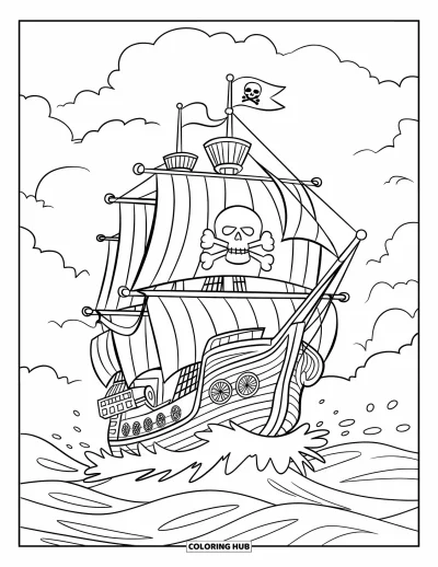 Dibujo para colorear de piratas para niños: Un barco pirata con una bandera de calavera navega en aguas turbulentas