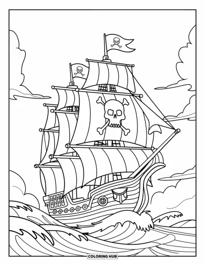 Dibujo de piratas para niños: Un barco pirata con velas ondeantes y una bandera de calavera en olas agitadas