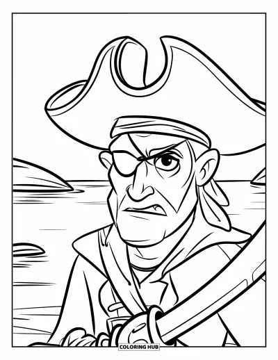 Dibujo para colorear de piratas para niños: Un pirata con un garfio y un parche en el ojo sostiene una espada junto a un mar tranquilo