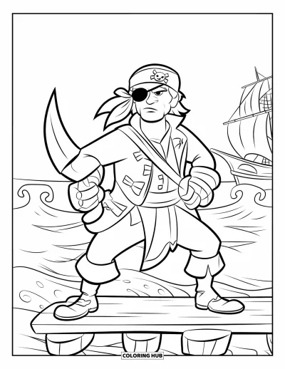 Dibujo de piratas para niños: Un pirata con un garfio y un parche en el ojo en una plataforma sobre el océano
