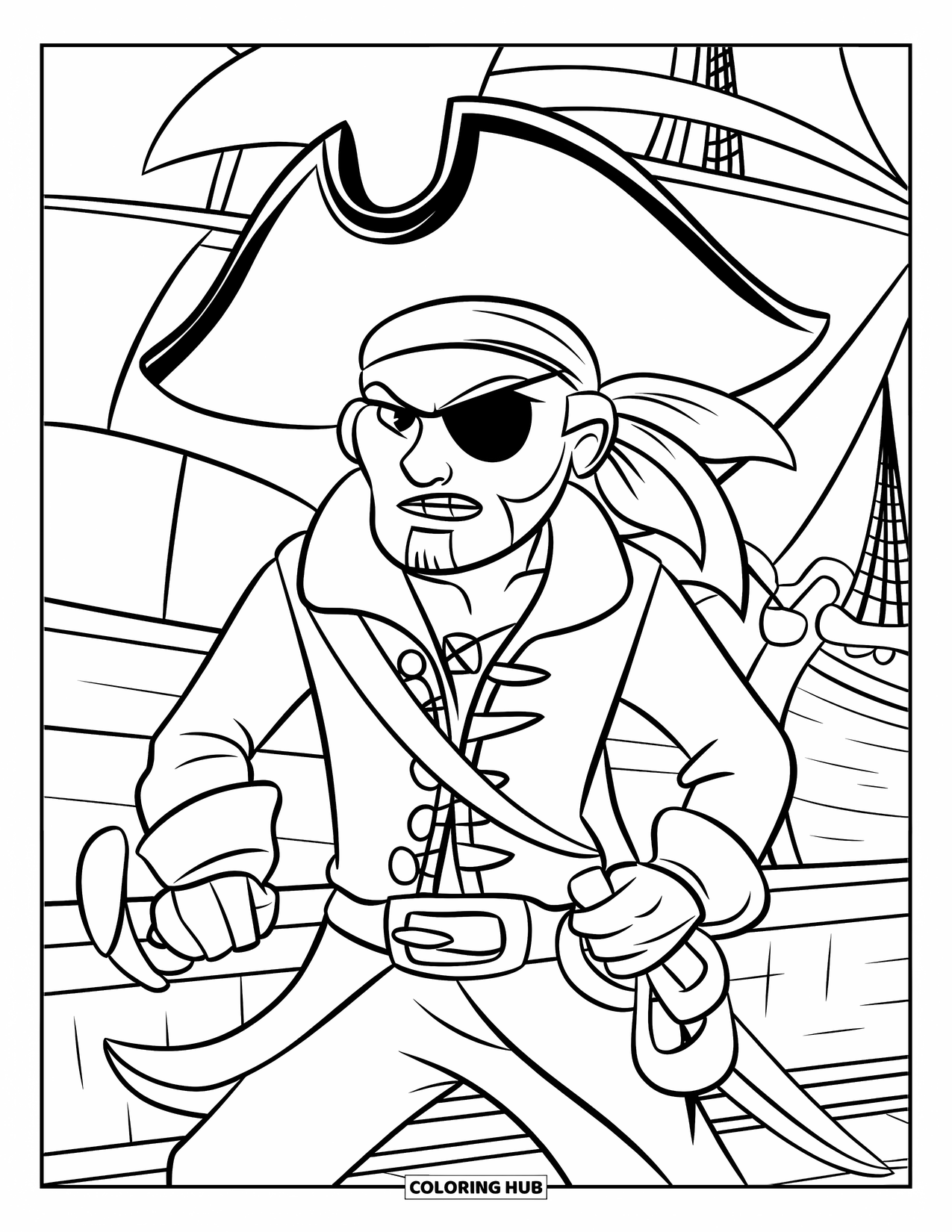 Pirate Coloring Page for Kids: A pirate with a hook and eyepatch stands on a ship with sails