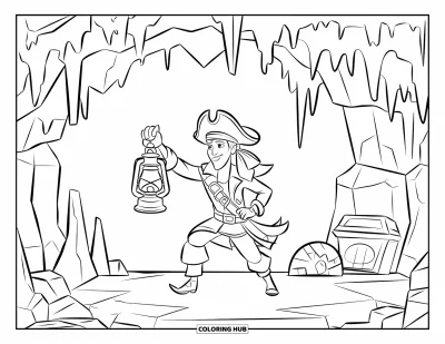 Dibujo para colorear de piratas para niños: Un pirata con una linterna en una cueva con estalactitas y un tesoro escondido