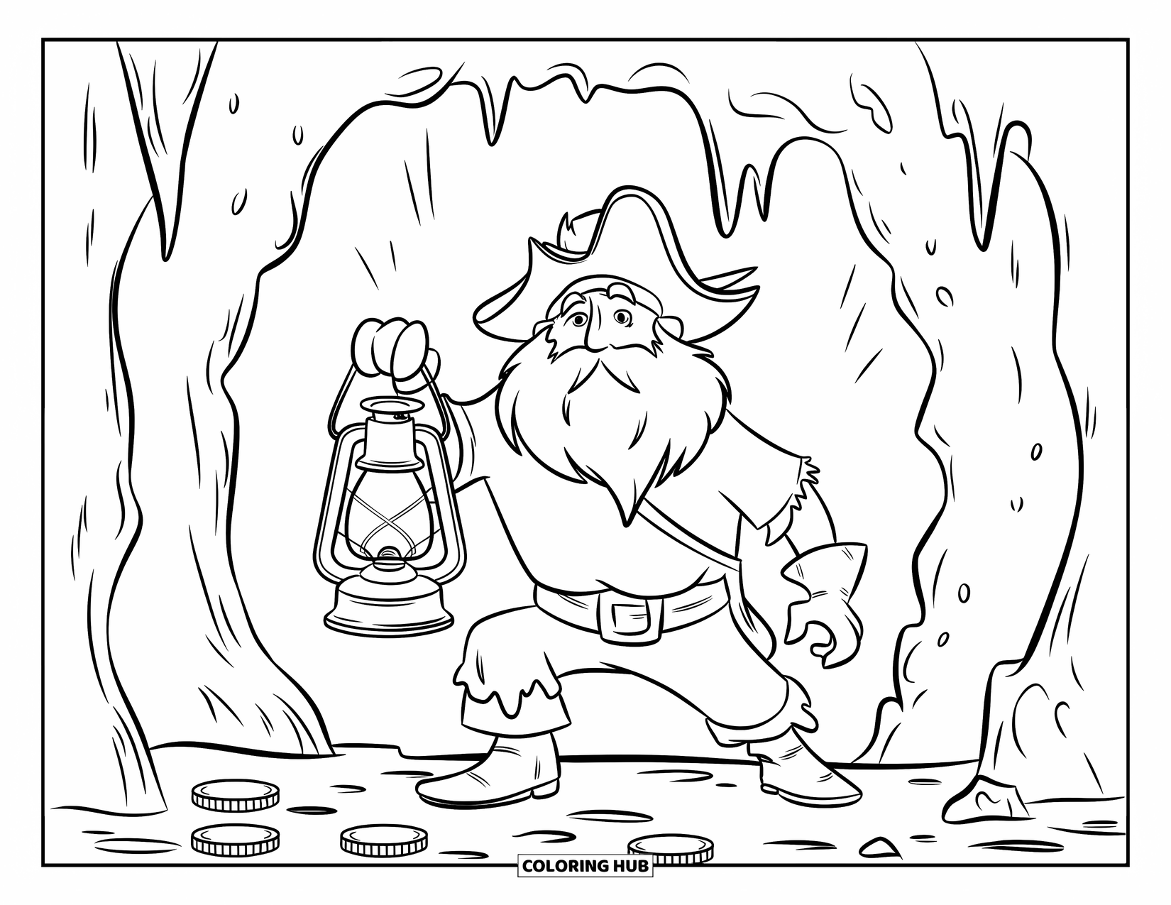 Pirate Coloring Page for Kids: A pirate with a lantern in a dark cave, gold coins scattered around