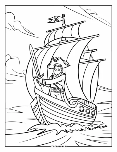 Dibujo de piratas para niños: Un pirata con una espada en la proa de un barco con olas y nubes