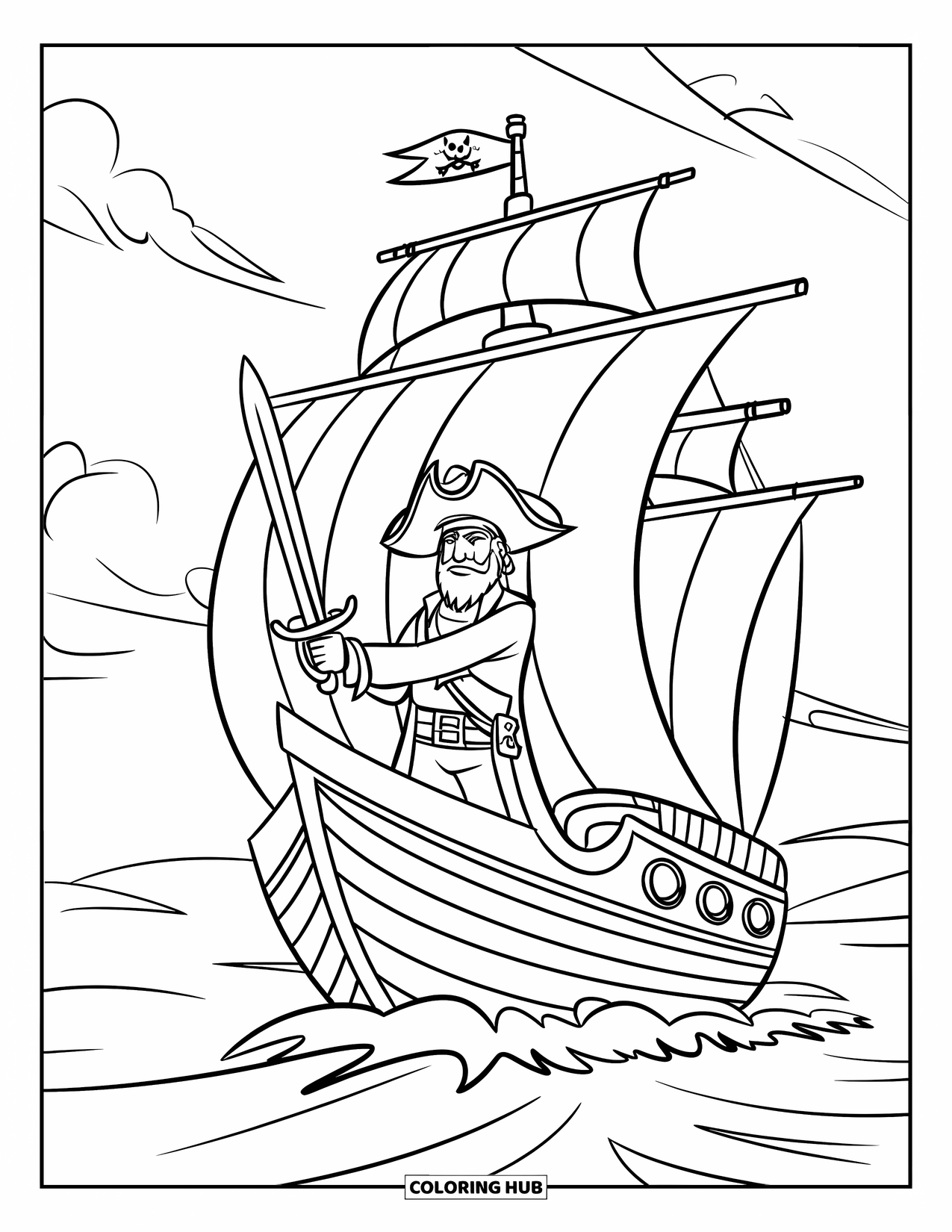 Pirate Coloring Page for Kids: A pirate with a sword at the bow of a ship with waves and clouds