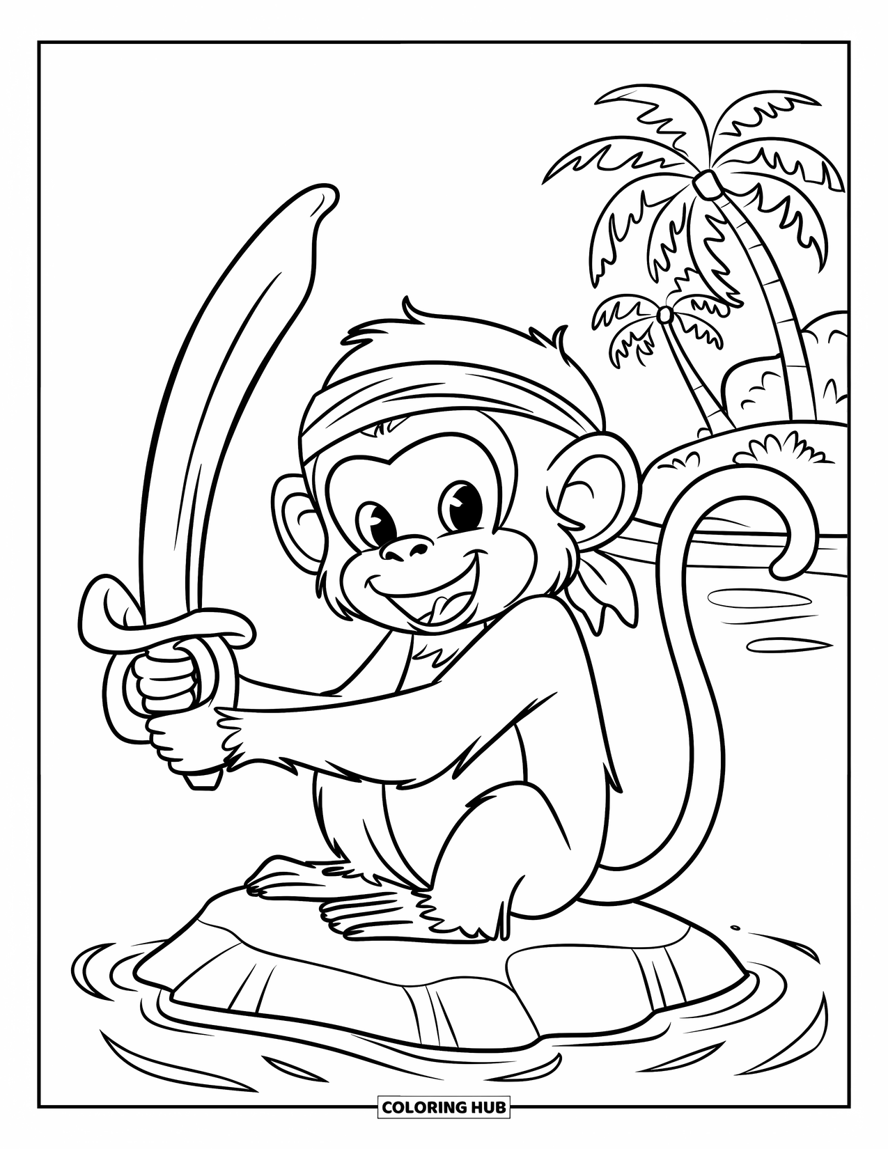 Pirate Coloring Page for Kids: A playful monkey with a bandana holds a banana like a sword