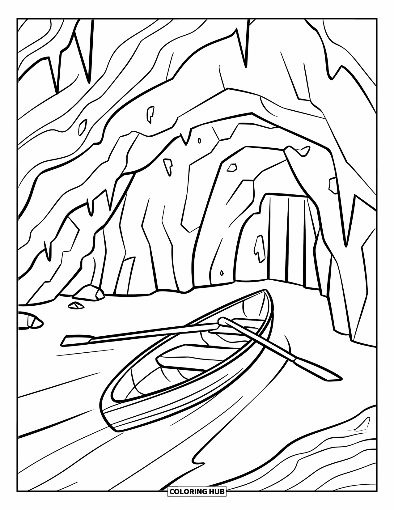 Pirate Coloring Page for Kids: A rowboat approaches a cave entrance with faint treasure glints inside