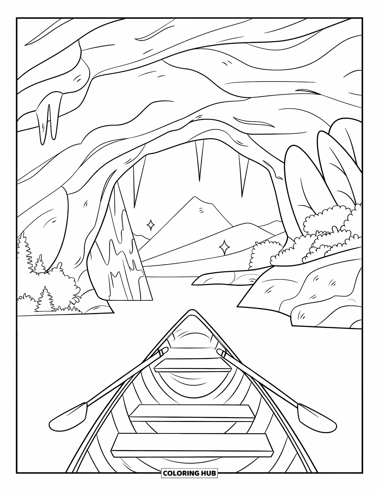Pirate Coloring Page for Kids: A rowboat nears a cave entrance with faint treasure glints