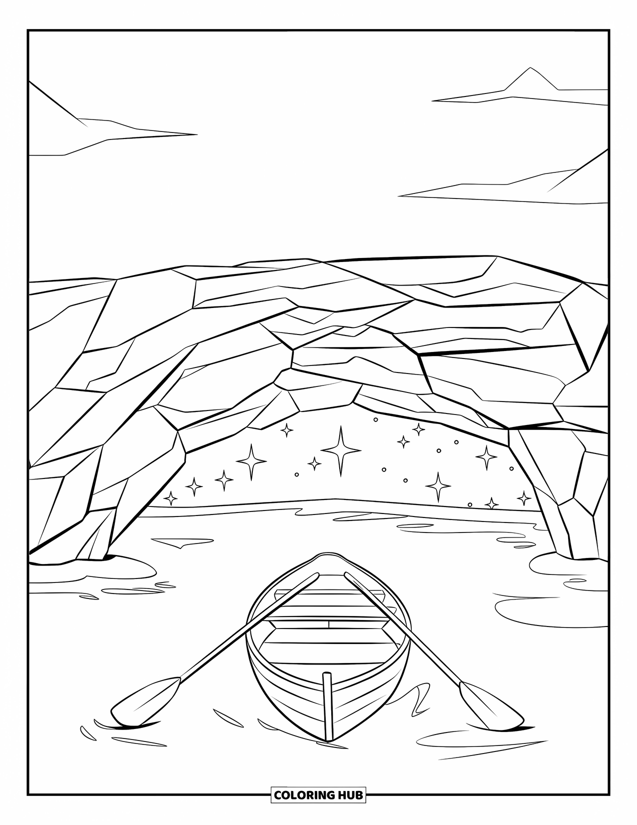 Pirate Coloring Page for Kids: A rowboat nears a cave with treasure glints and a clear sky