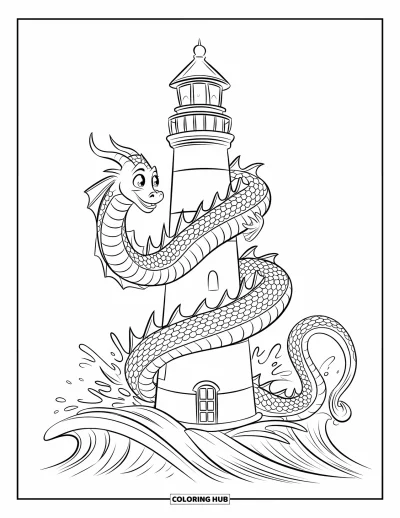 Dibujo de piratas para colorear para niños: Un dragón marino enroscado alrededor de un faro con olas que salpican