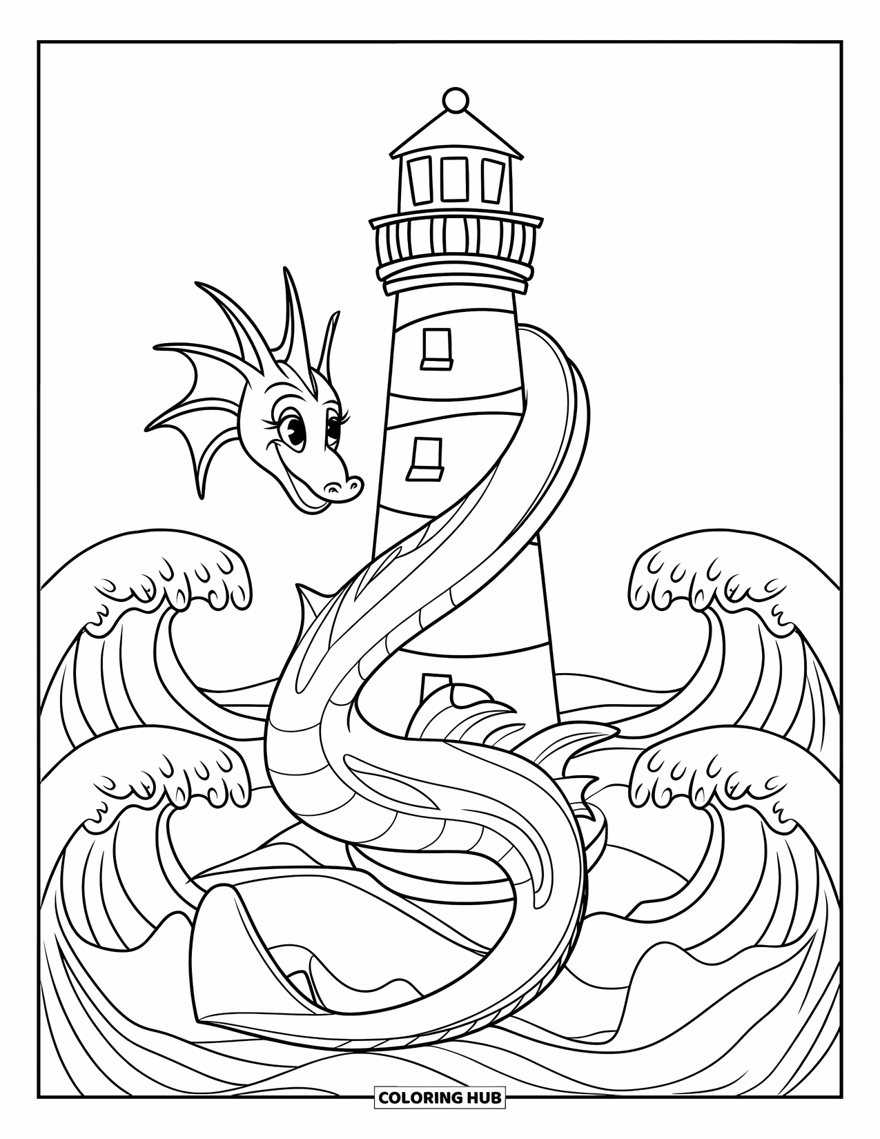 Pirate Coloring Page for Kids: A sea dragon curling around a lighthouse with waves crashing