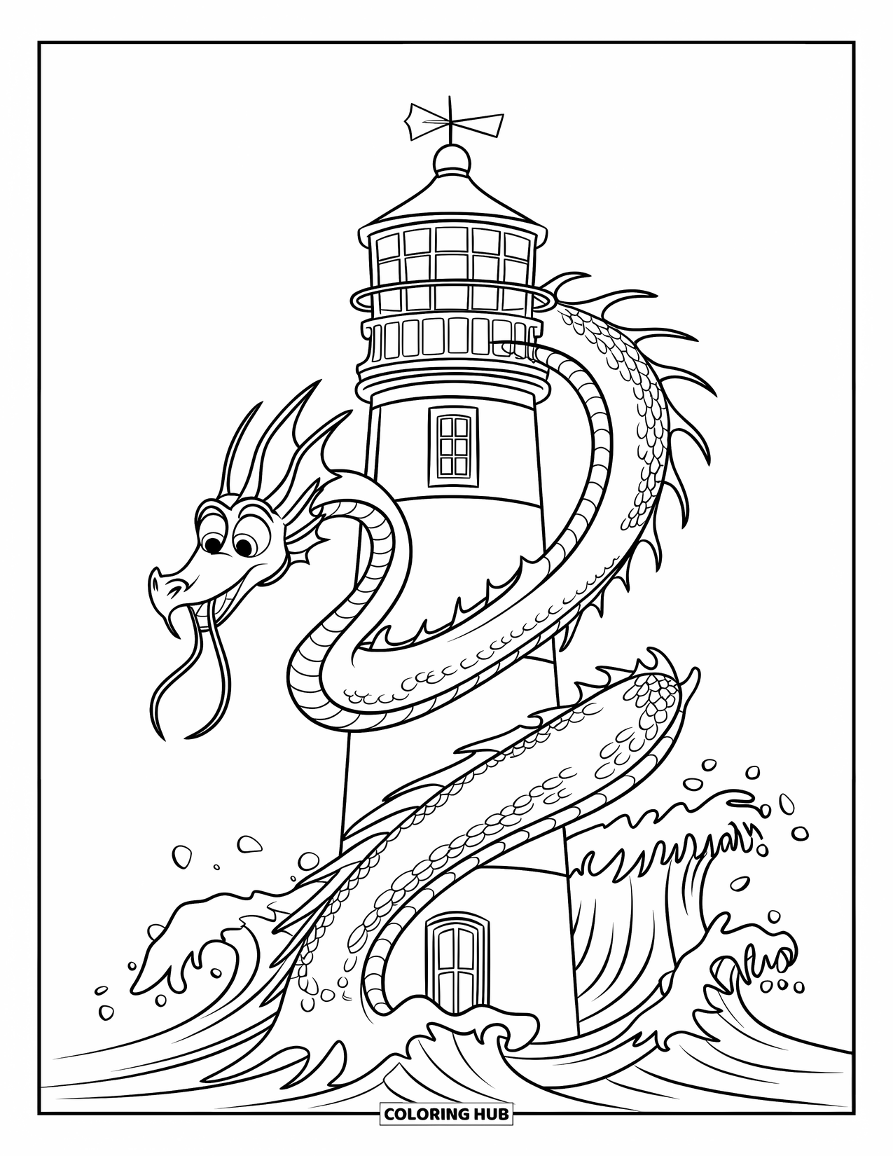 Pirate Coloring Page for Kids: A sea dragon curls around a lighthouse with waves and stormy seas