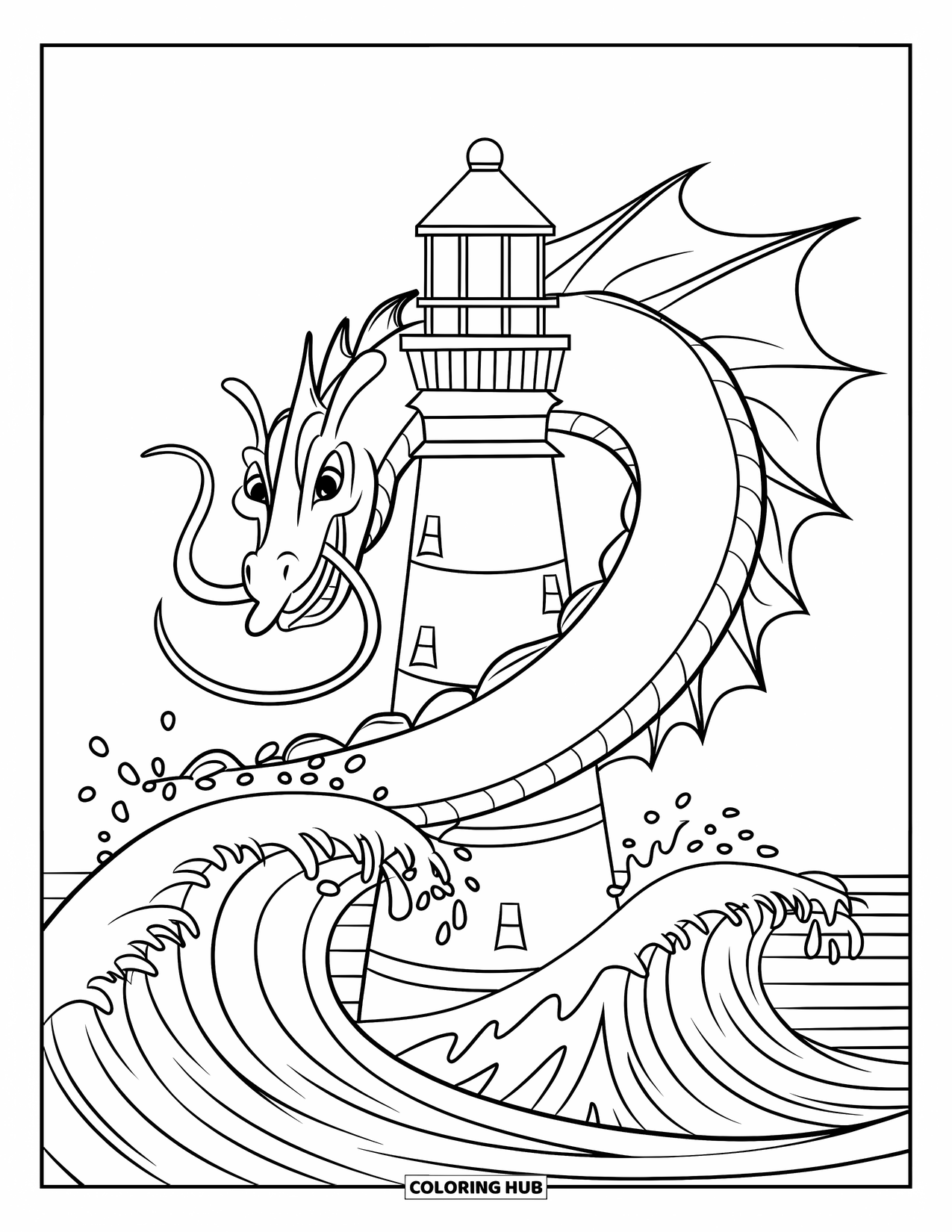 Pirate Coloring Page for Kids: A sea dragon with a serpentine body coiling around a lighthouse