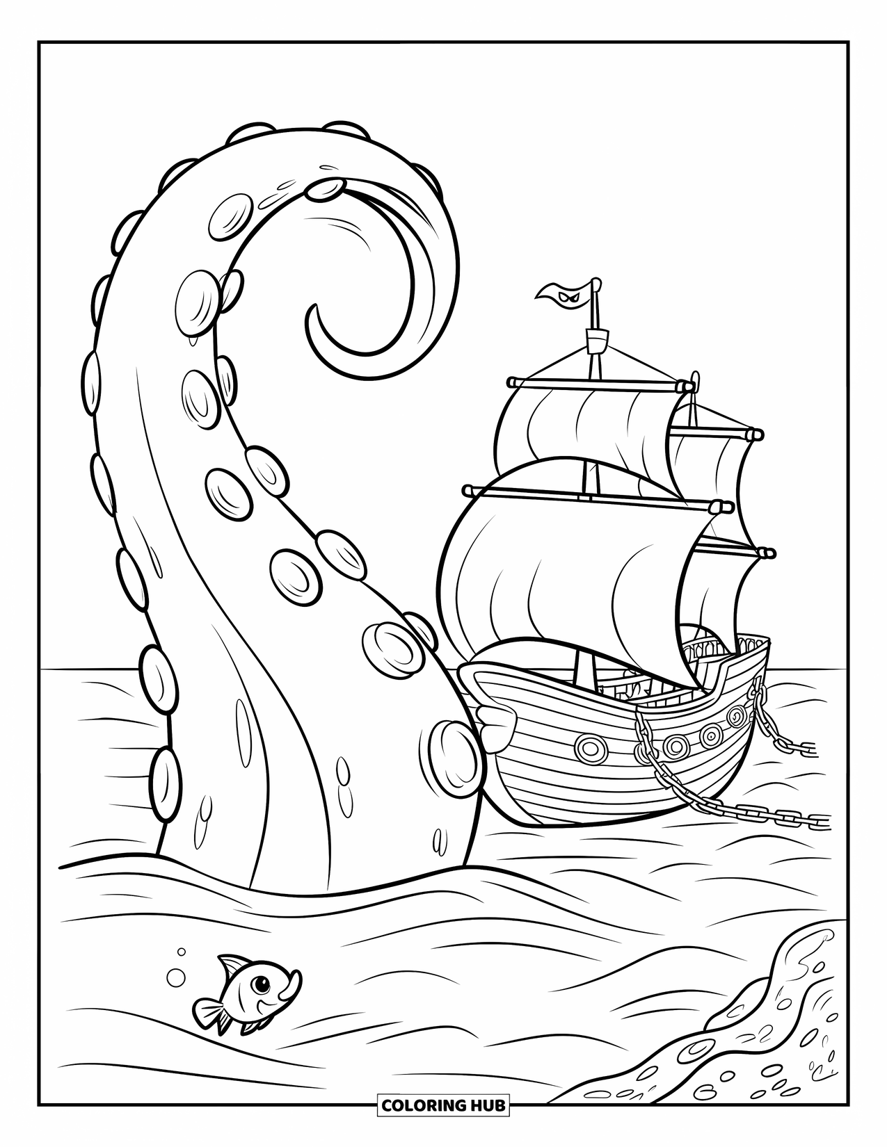 Pirate Coloring Page for Kids: A sea monster's tentacle emerges near an anchored pirate ship