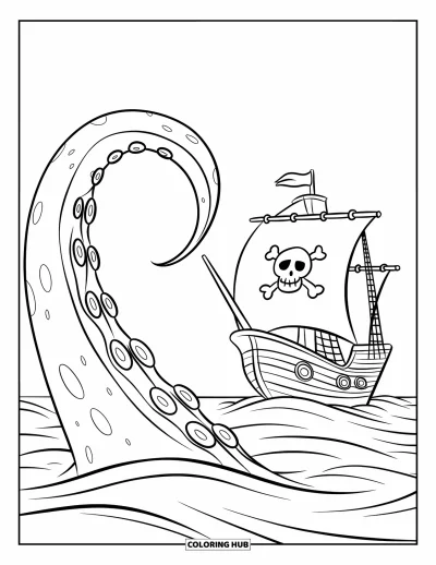 Dibujo para colorear de piratas para niños: El tentáculo de un monstruo marino se eleva cerca de un barco pirata con una Jolly Roger