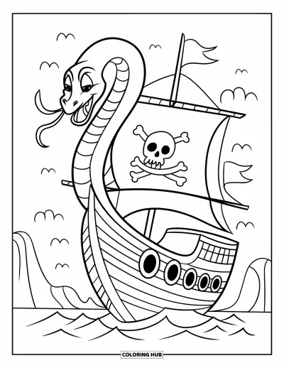 Dibujo para colorear de piratas para niños: Una serpiente marina se enrosca alrededor de un barco con una bandera Jolly Roger