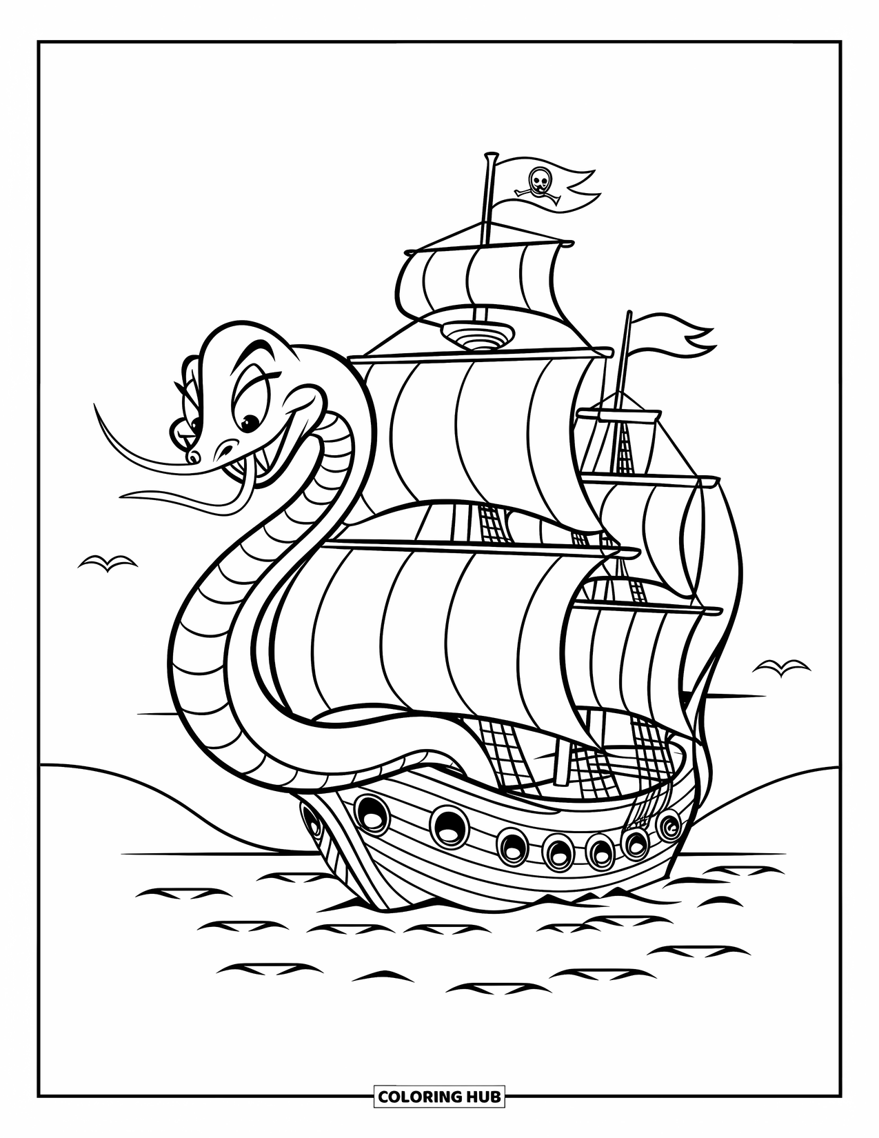 Pirate Coloring Page for Kids: A sea serpent with a grin coils around a pirate ship on calm waters