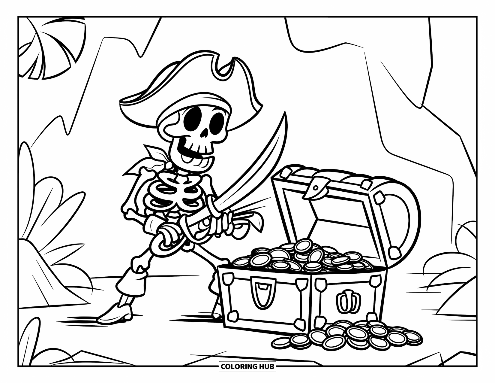 Pirate Coloring Page for Kids: A skeleton pirate with a cutlass guards a treasure chest on rocky terrain