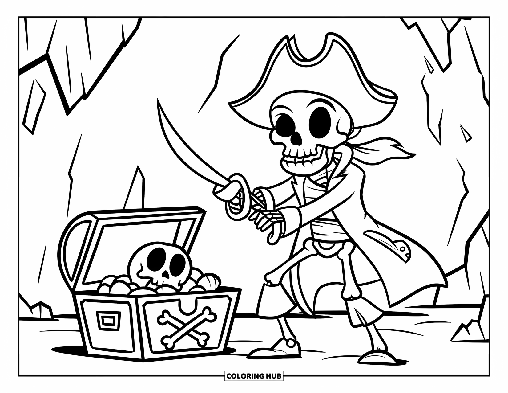 Pirate Coloring Page for Kids: A skeleton pirate with a hat and cutlass guards a chest on rocky ground