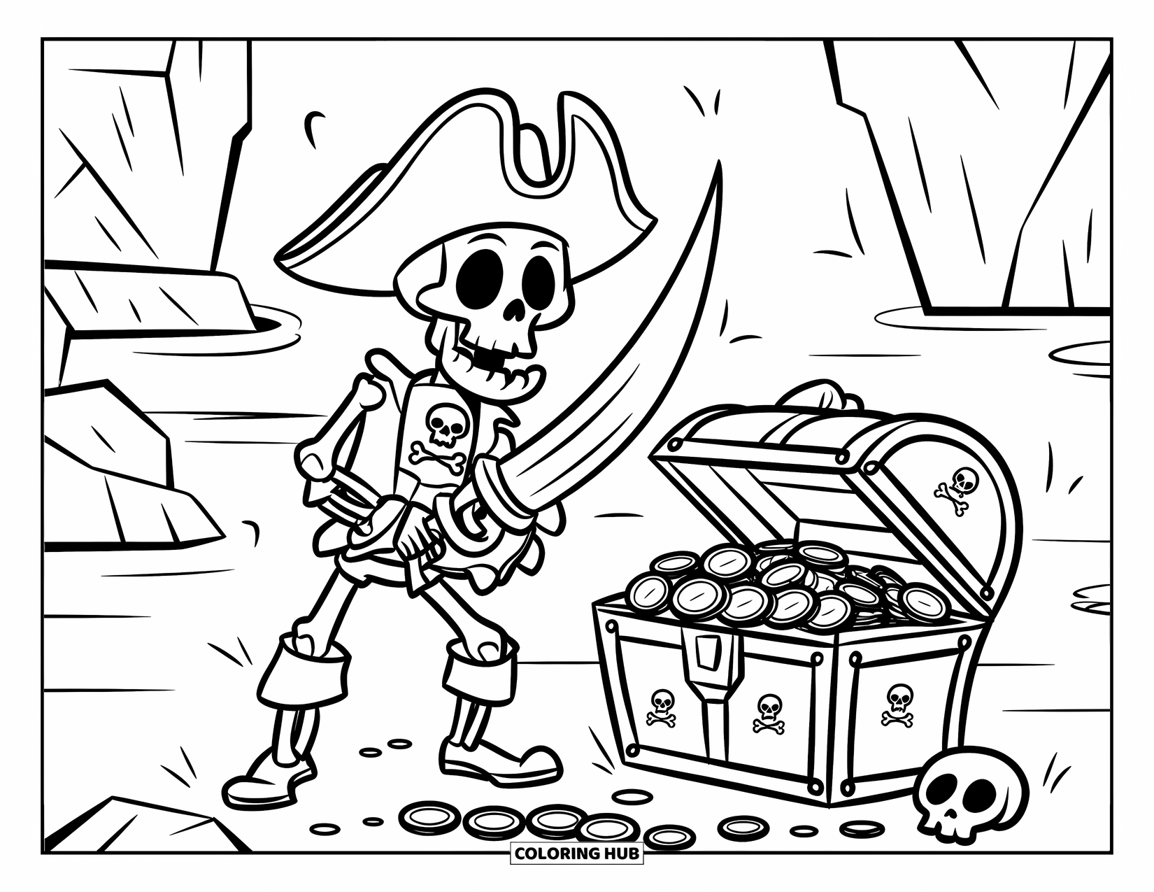 Pirate Coloring Page for Kids: A skeleton pirate with a tricorn hat guards a chest filled with gold