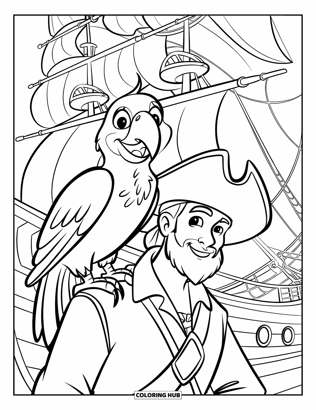 Pirate Coloring Page for Kids: A smiling parrot sits on a pirate's shoulder on a ship with sails