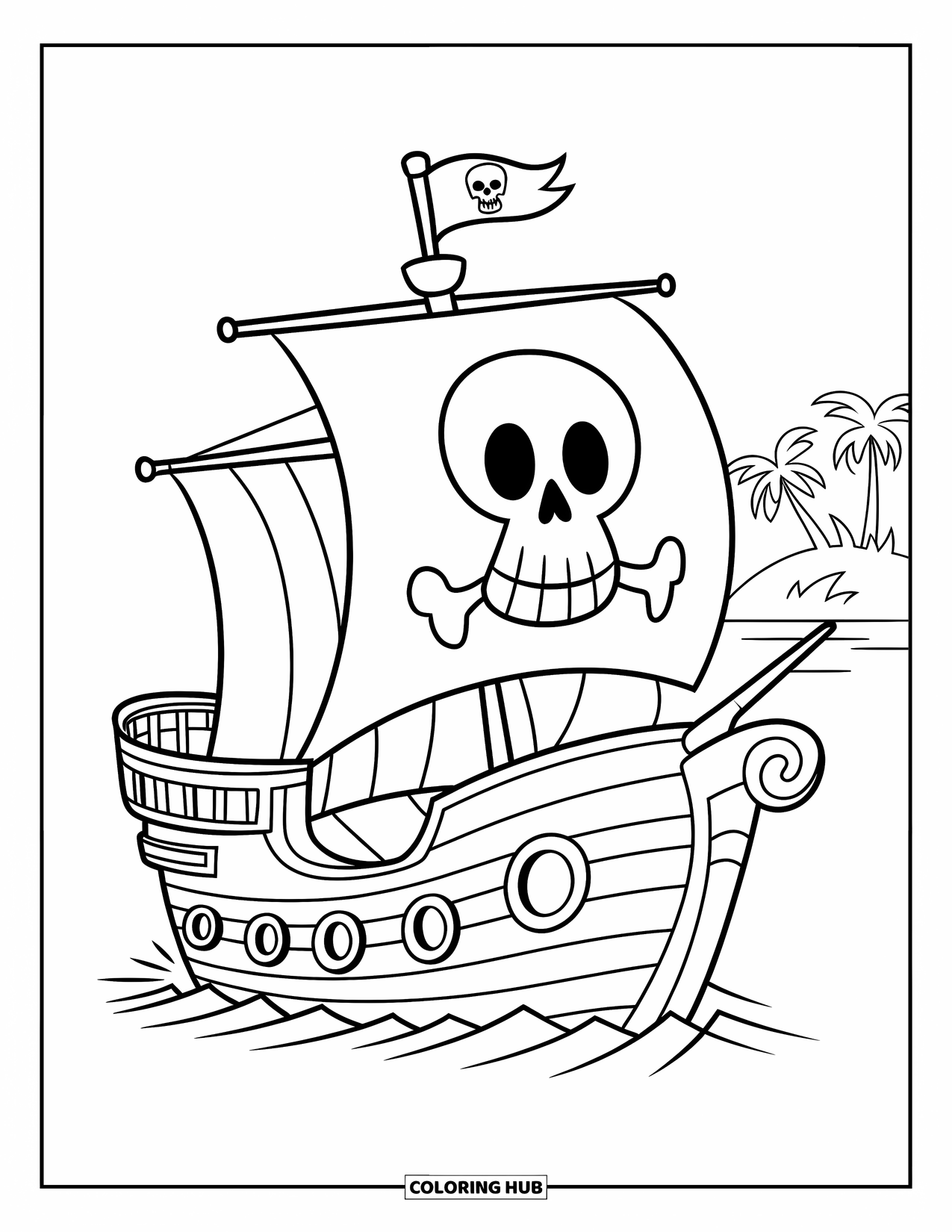 Pirate Coloring Page for Kids: A smiling pirate ship with a skull flag sails near an island with palm trees