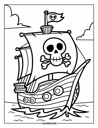 Dibujo para colorear de piratas para niños: Un barco pirata sonriente con una bandera de calavera navega bajo un cielo despejado