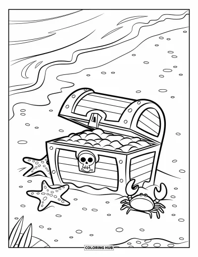 Dibujo para colorear de piratas para niños: Un cofre del tesoro medio enterrado en la arena con estrellas de mar y un cangrejo