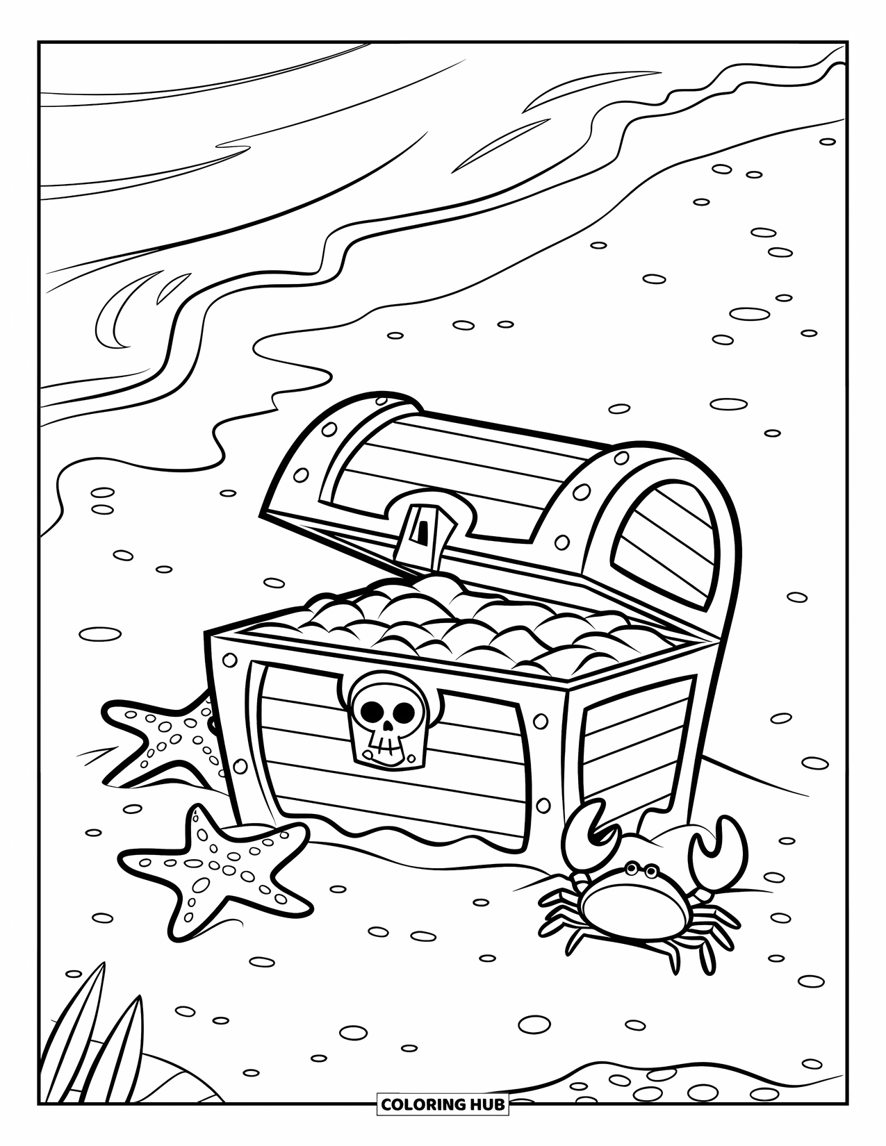 Pirate Coloring Page for Kids: A treasure chest half-buried in sand with starfish and a crab