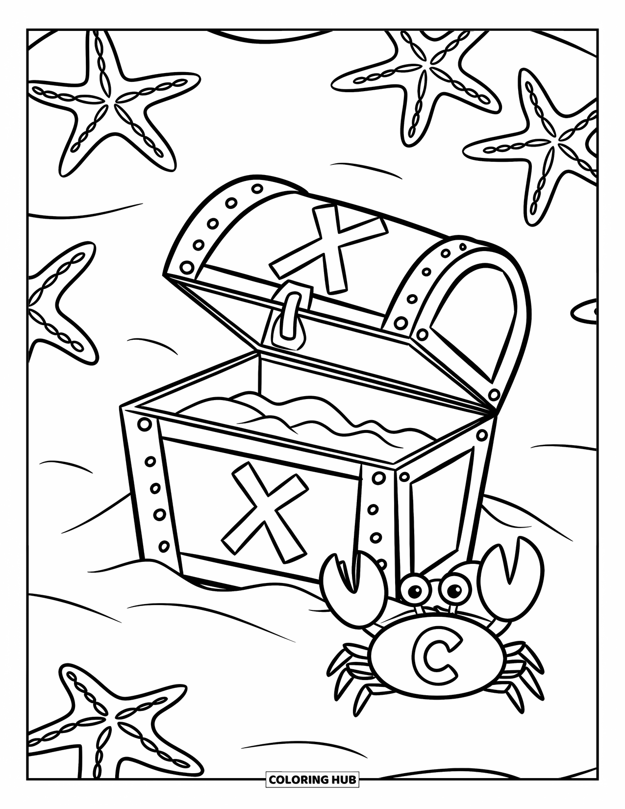Pirate Coloring Page for Kids: A treasure chest in sand with a bold "X" and starfish around it
