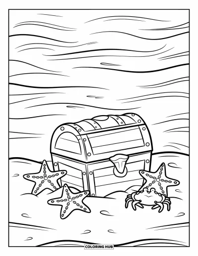Dibujo para colorear de piratas para niños: Un cofre del tesoro en la arena rodeado de estrellas de mar y un cangrejo