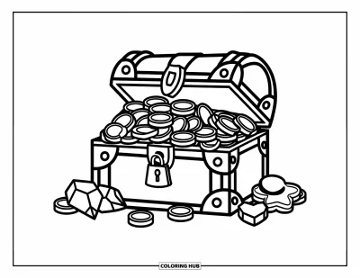 Dibujo para colorear de piratas para niños: Un cofre del tesoro con un candado derrama monedas y joyas sobre la arena