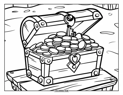 Dibujo para colorear de piratas para niños: Un cofre del tesoro con monedas y joyas se encuentra en una plataforma de madera