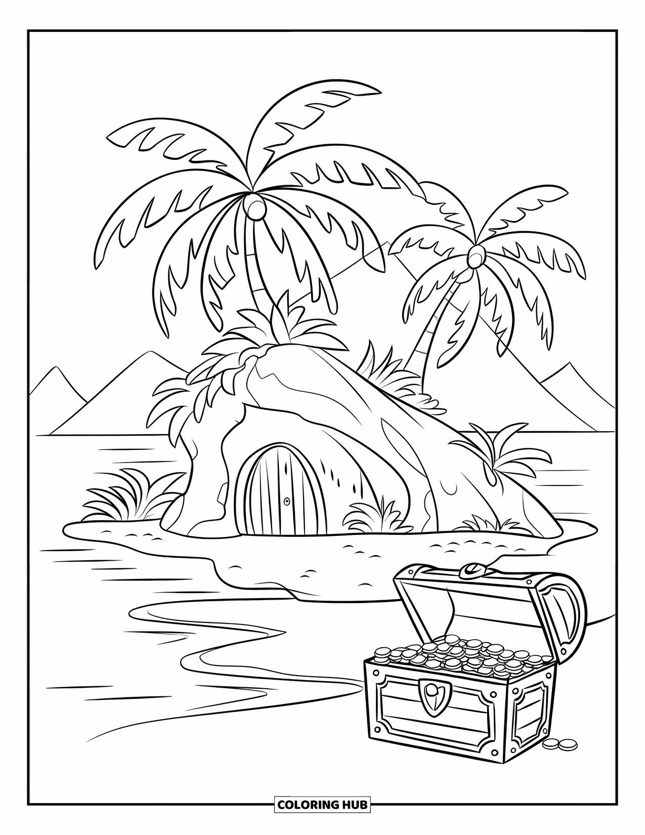 Pirate Coloring Page for Kids: A tropical island with palm trees, a cave, and a chest filled with gold