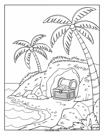Dibujo para colorear de piratas para niños: Una isla tropical con palmeras, una cueva escondida y un cofre del tesoro