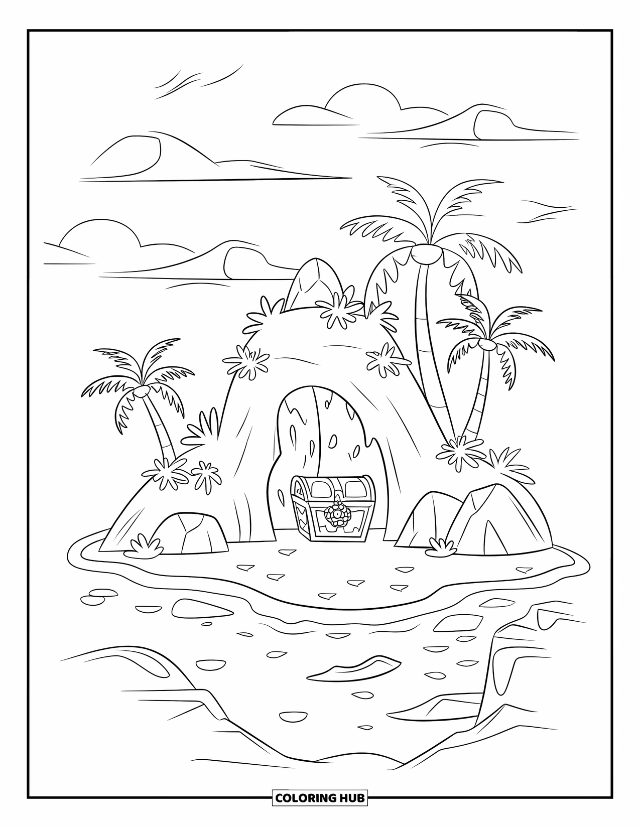 Pirate Coloring Page for Kids: A tropical island with palm trees, a hidden cave, and clear water