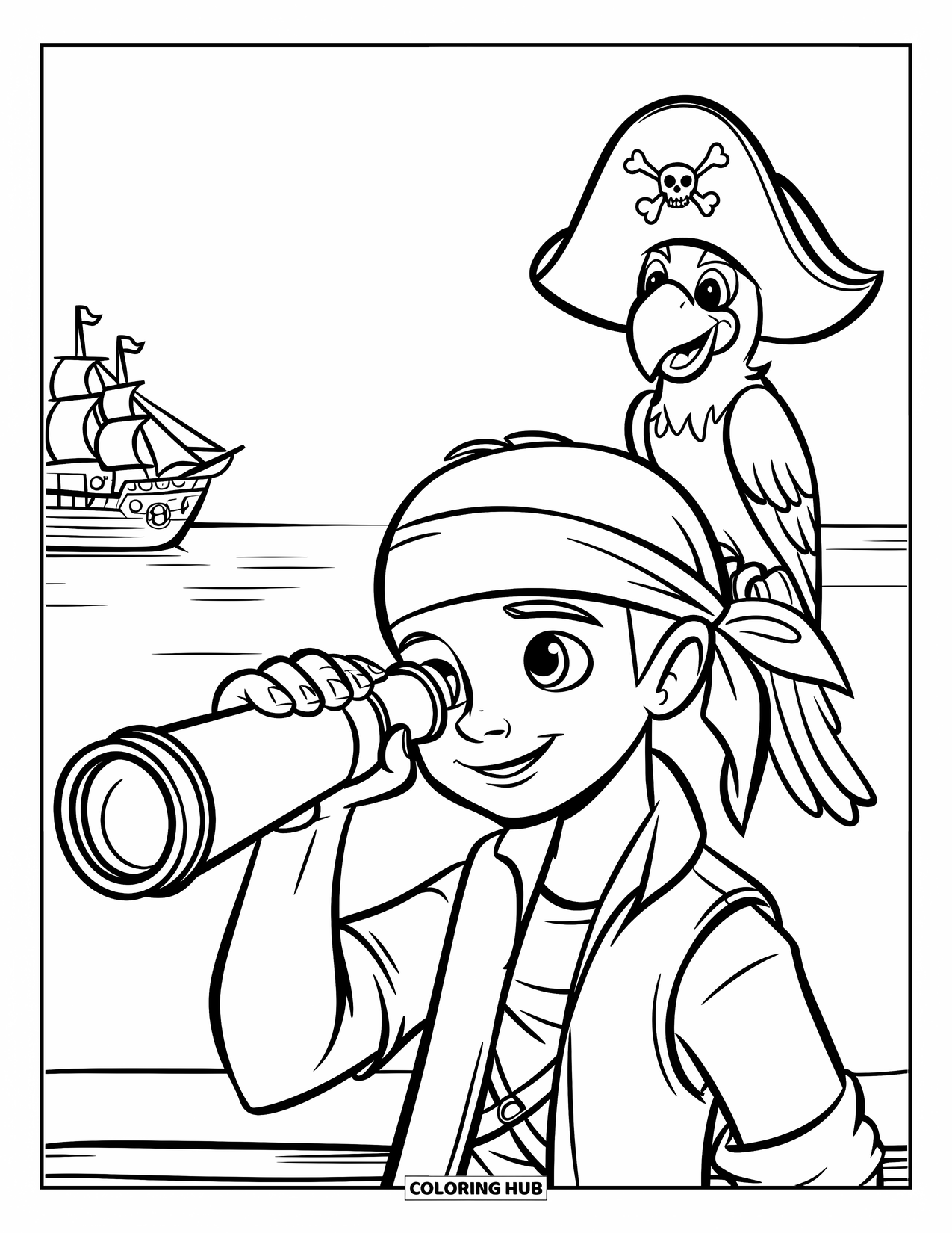 Pirate Coloring Page for Kids: A young pirate with a bandana and parrot looks through a telescope
