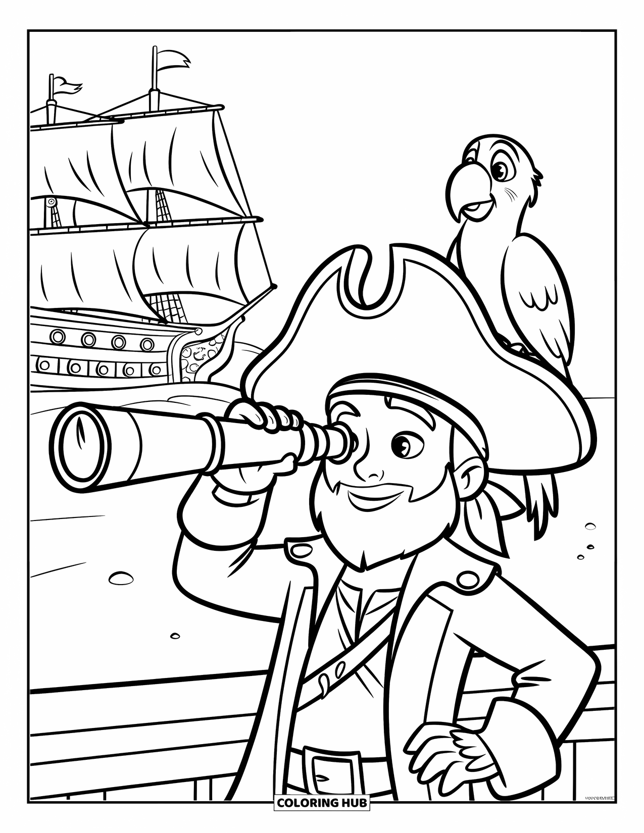 Pirate Coloring Page for Kids: A young pirate with a hat and parrot holds a telescope by a ship