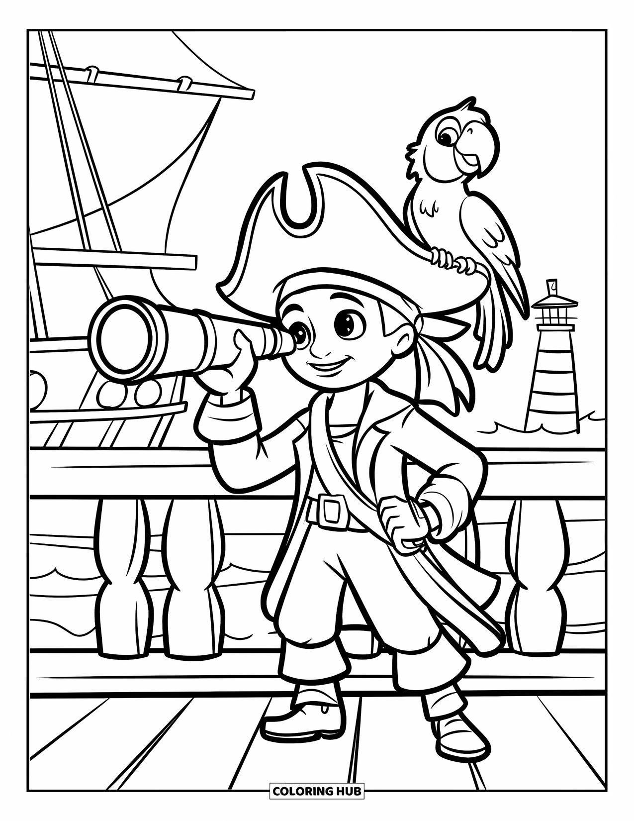 Pirate Coloring Page for Kids: A young pirate with a parrot looks through a telescope by a ship