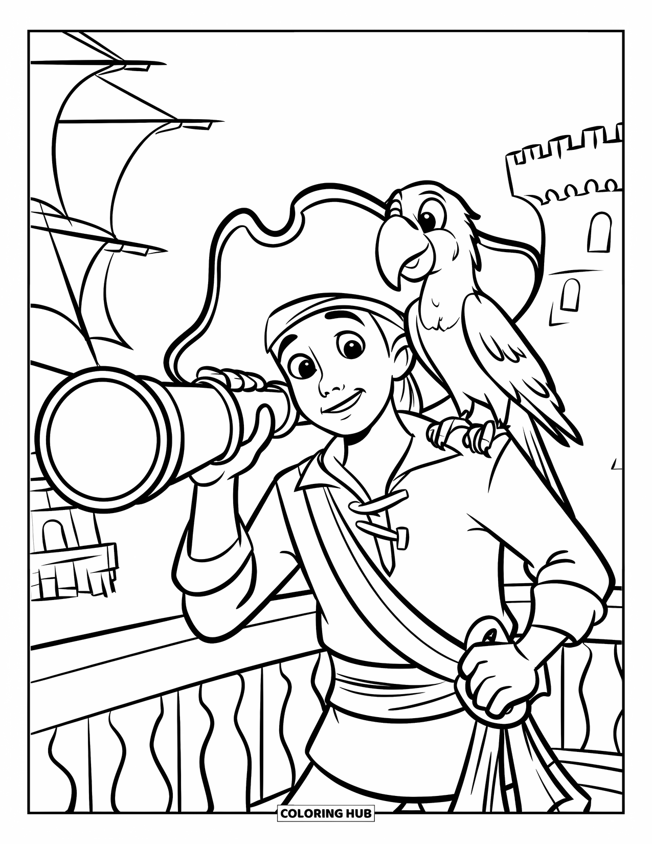 Pirate Coloring Page for Kids: A young pirate with a parrot peers through a telescope by the sea