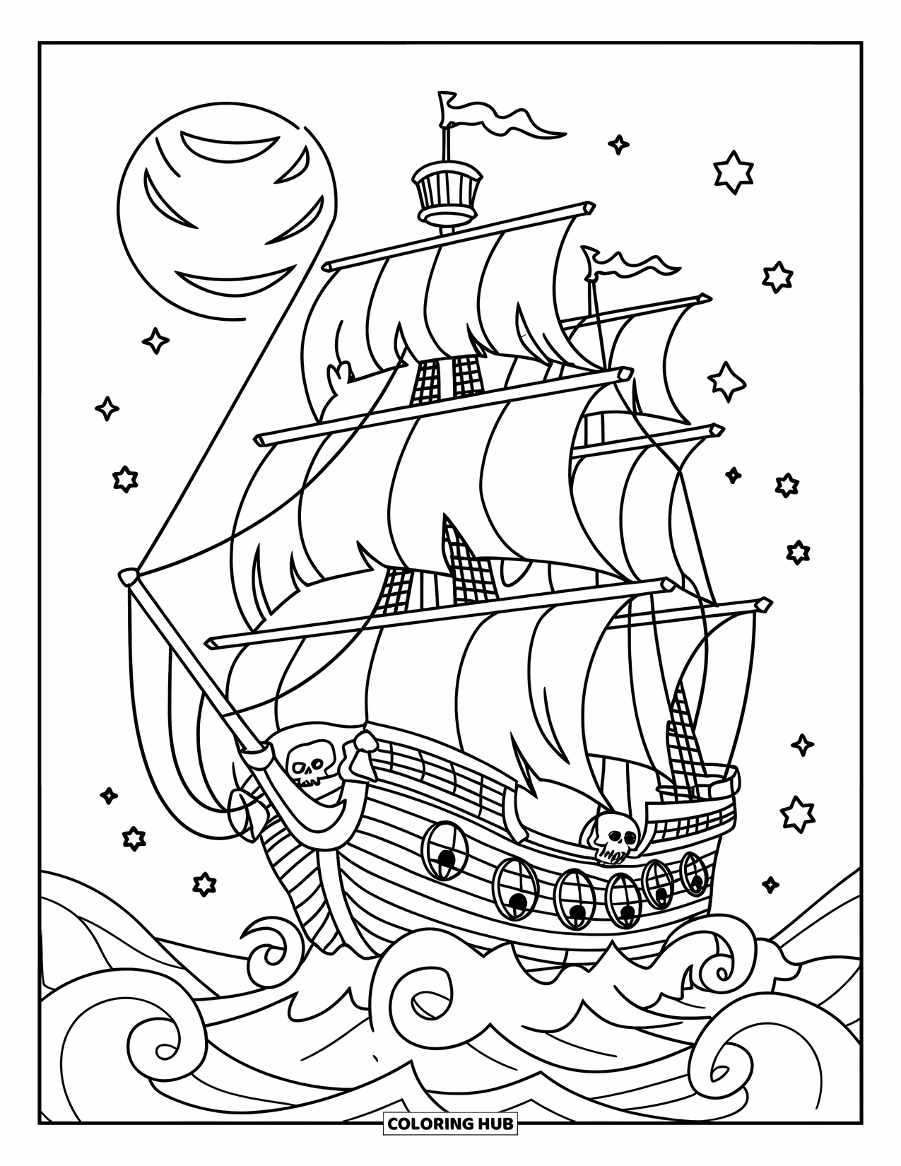 Pirate Coloring Page for Kids: An eerie ghost ship with tattered sails, skulls, and lanterns in a stormy sea