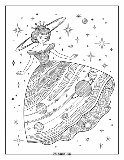 Dibujo de princesas para colorear para adultos: Una princesa celestial con vestido temático de galaxia y corona de planetas