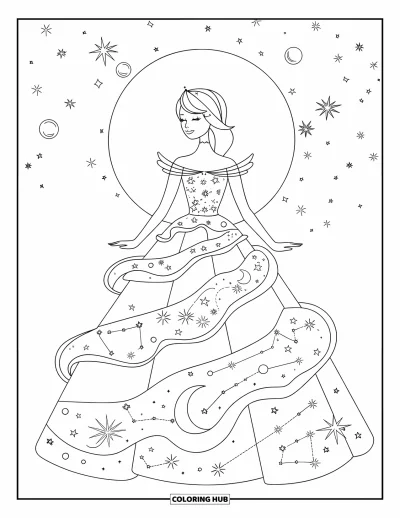 Dibujo de princesas para colorear para adultos: Una princesa celestial con vestido de estrellas y lunas está bajo un cielo nocturno