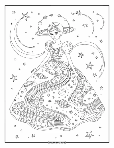 Dibujo de princesas para colorear para adultos: Una princesa celestial con vestido estrellado y corona de planetas en órbita