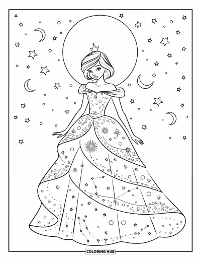Dibujo de princesas para colorear para adultos: Una princesa celestial con vestido estrellado y lunas crecientes bajo un cielo iluminado por la luna