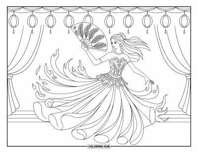 Dibujo de princesas para colorear para adultos: Una princesa bailarina con vestido como fuego y abanico de plumas de fénix