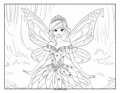 Dibujo de princesas para colorear para adultos: Una princesa hada con vestido floral está de pie con elegancia en un bosque con neblina